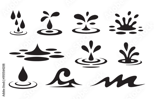 Set of black water splash and drop icons, depicting various liquid movements and ripples