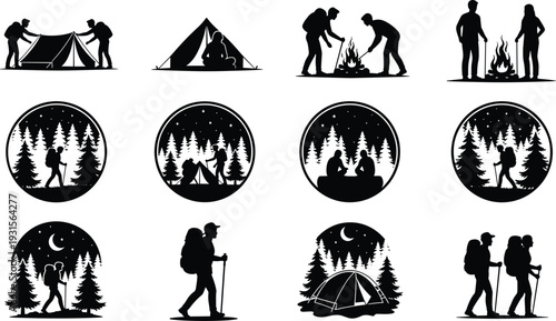 Black hiking and camping silhouette icons set with backpackers trekking through pine forests under starry night sky and around campfires