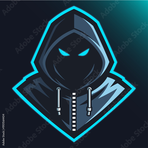 A hooded figure with glowing blue eyes in a dark background illustration