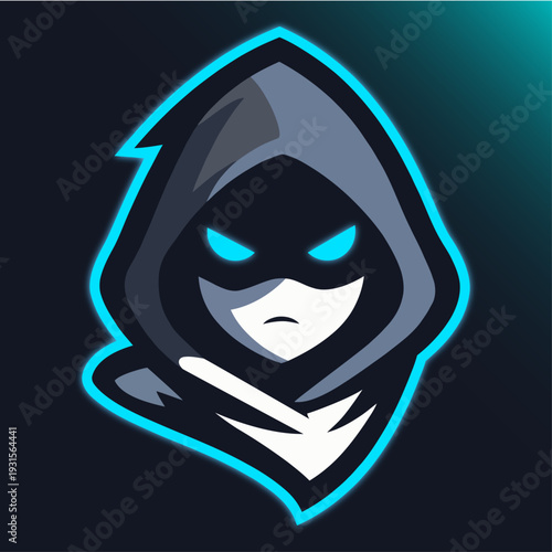 A cartoon hooded character with glowing blue eyes and a menacing expression on a dark background