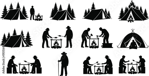 Black camping silhouettes set with people roasting food over campfires, pitching tents in pine forests, and enjoying rustic outdoor wilderness adventures