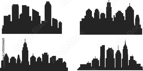 Four Black Silhouettes of City Skylines with Diverse Buildings on White Background urban architecture