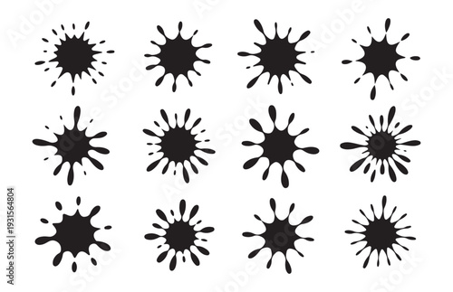 Twelve detailed black ink splatters and blotches, showcasing diverse shapes on a bright white canvas