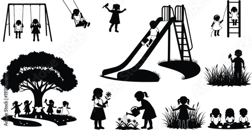 Black silhouette collection of children playing on playground equipment, swings, slide, climbing ladder, gardening, and sitting under a large leafy tree.