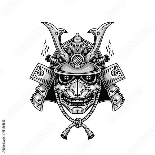 Steampunk Samurai Hannya Mask Helmet Illustration - Japanese Warrior Culture and Mythology Vector Art