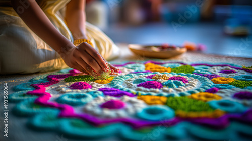 Onam Festival, Woman Designing Colorful Pookalam Floral Rangoli for Onam Festival at Home