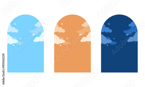 時間帯のシンボルのアイコンセット/昼・夕方・夜/シンプルでフラットな窓と空のイラスト