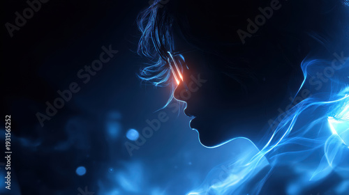 Woman profile neon light blue smoke portrait with glowing rim light, futuristic mood, dark background, copy space