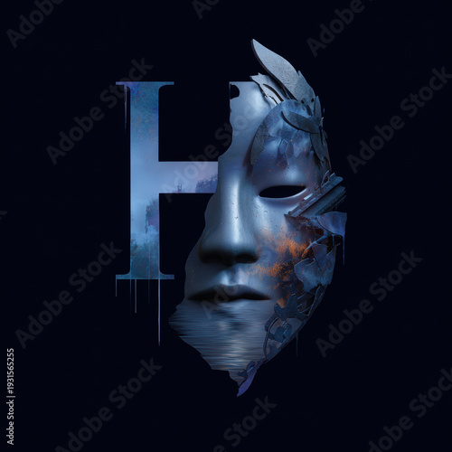 Letter H mask face metal blue dark fantasy concept with cracked armor texture and dramatic shadow on black background