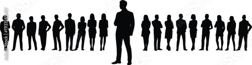 Silhouette of a group of people standing in a line with a man in front vector illustration