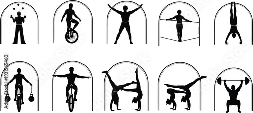 Circus performers black silhouette collection featuring jugglers, unicycle riders, tightrope walkers, acrobats, gymnasts, and strongmen in various athletic poses for entertainment.