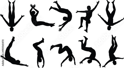 Silhouettes Of Athletes Performing Gymnastics And Acrobatics In Mid- Air action