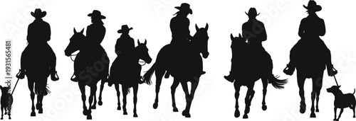 Silhouettes of Cowboys and Dogs Riding Horses in a Lineup vector illustration