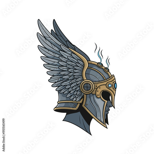 Steampunk Winged Warrior Helmet with Goggles and Steam Illustration