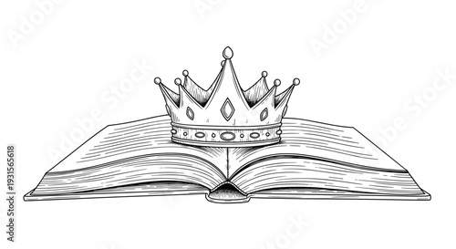 Royal crown resting on open book in sketch style