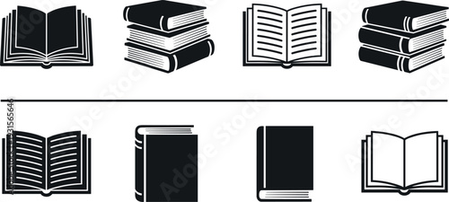 Book Icon Set Open and Closed Hardcover Stack Solid and Outline Vector Collection