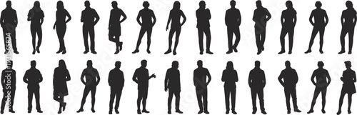 Two rows of silhouettes of men and women standing in various poses vector illustration