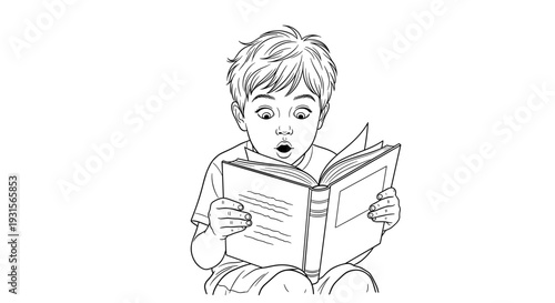 Little boy surprised while reading book at home