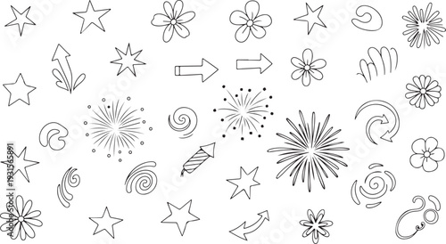 A variety of intricate and artistic line drawings of stars and fireworks isolated on transparent background