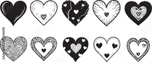 A collection of ten unique heart designs in black and white isolated on transparent background