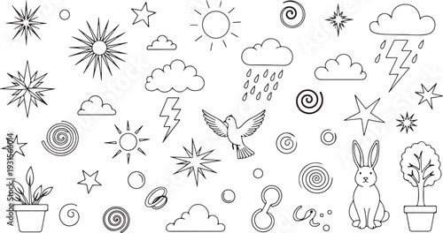 A delightful collection of whimsical drawings featuring nature and weather elements isolated on transparent background