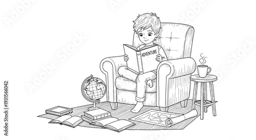 Little boy reading book in armchair with globe and books