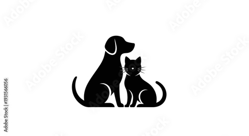 Minimal silhouette of dog and cat sitting together, pet friendship and companionship concept illustration, animal care and love symbol, veterinary and pet adoption theme, domestic animals harmony artw