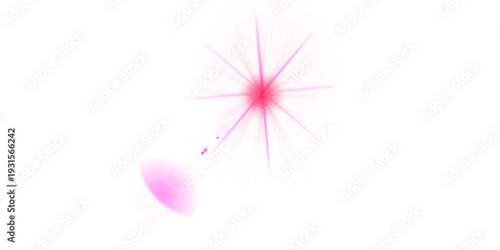 Fototapeta premium Vibrant magenta lens flare starburst effect on black background glowing pink light leak optical flash sparkling sun beam