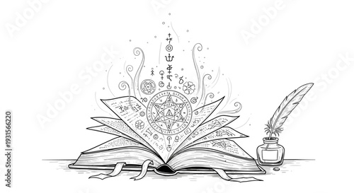 Open magical book with ornate design and quill pen