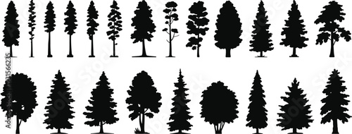 Black tree silhouette collection featuring various forest and conifer shapes, detailed woodland vector set isolated on white background for landscape design