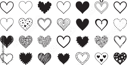 A collection of various heart designs and patterns in black and white isolated on transparent background