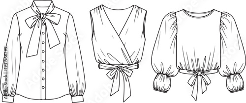 Three stylish blouses with unique designs and elegant details isolated on transparent background