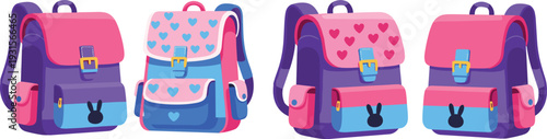Colorful cartoon school backpacks with heart patterns and bunny design isolated on white background, cute kids bag illustration set