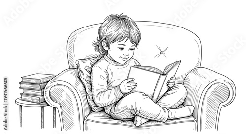 Little boy reading book on armchair at home