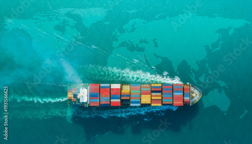 Global Shipping and International Trade Concept with Container Cargo Ship Over World Map