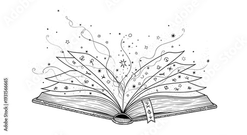 Open magical book with glowing pages and sparkles