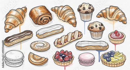 Assortment of Delicious Baked Pastries and Desserts Collection.