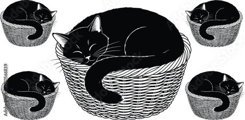 Black silhouette collection of cute sleeping cats and kittens curled up in woven baskets, peaceful pet rest and domestic animals.
