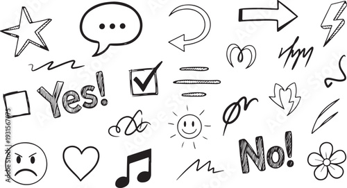 A collection of various symbols and icons representing different emotions and actions isolated on transparent background