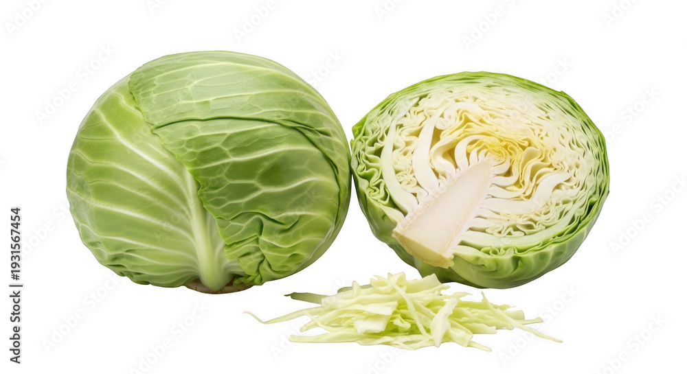 Fototapeta premium Cabbage halves, one sliced, with shredded pieces, isolated on transparent background