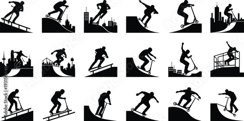 Black silhouette collection of people riding kick scooters on ramps, rails, and urban street environments featuring various stunts and jumps.