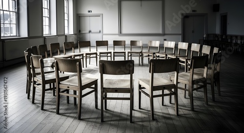 Wallpaper Mural Documentary-style photography of simple wooden chairs arranged in a neat circle inside a modest community hall. Torontodigital.ca