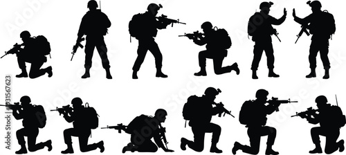 Black silhouette collection of modern soldiers in full combat gear with rifles, including kneeling, standing, aiming, and crawling tactical poses.