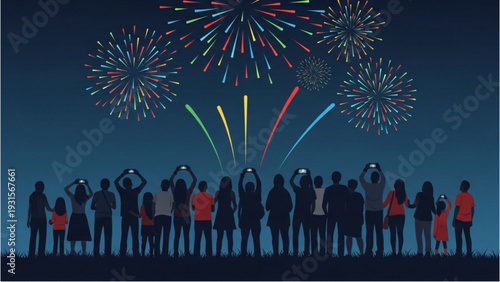 Crowd of people watching fireworks display on a clear night with colorful explosions in the sky