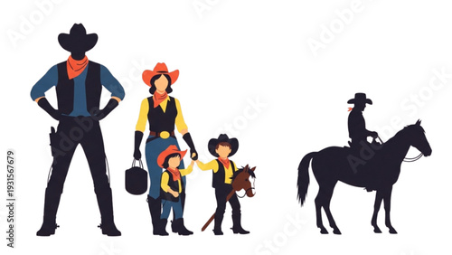 Family in Western attire standing together with horses nearby in a vast open landscape viewed from the side.