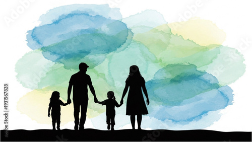 Family of four holding hands and walking together in a serene landscape