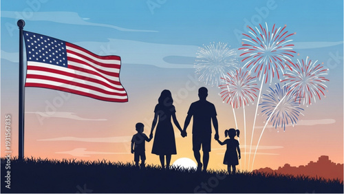 Family of four holding hands watching fireworks display on patriotic evening