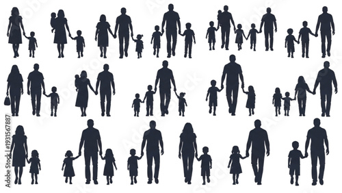 Diverse silhouettes of people and children standing together in various family configurations on a plain white background