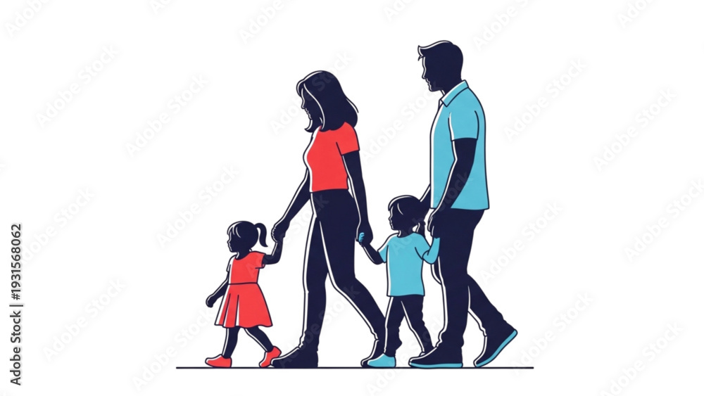 Fototapeta premium Family of four walking together, holding hands, outdoors, from a side view