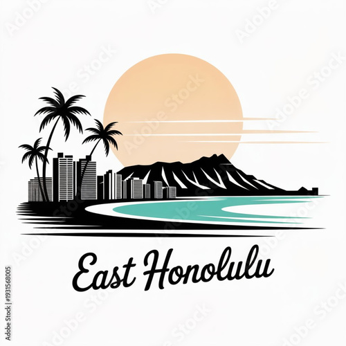 Wallpaper Mural East Honolulu Hawaii Skyline Silhouette — A Coastal Community Beneath Diamond Head Vector Illustration Torontodigital.ca